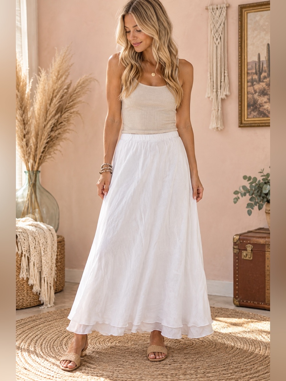 J Jill Linen White Maxi Skirt - Lightweight Layered A-Line